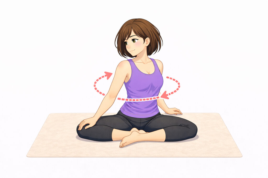 腕と脚を複雑に絡ませて深く重心を下げつつストレッチ
