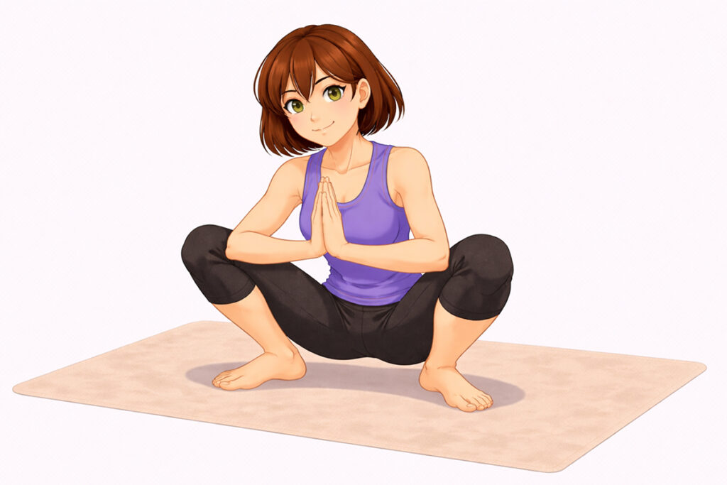 深くしゃがみ両肘で膝を内側から押して合掌する花輪のポーズ
