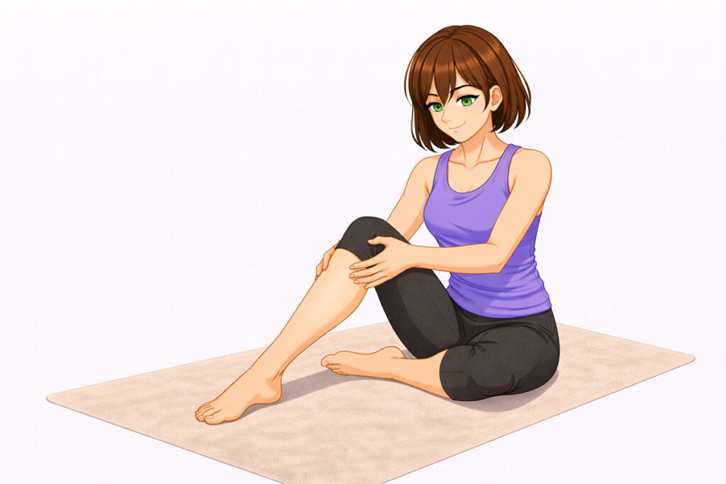 片脚を伸ばして座り、膝やふくらはぎを手で揉むマッサージ
