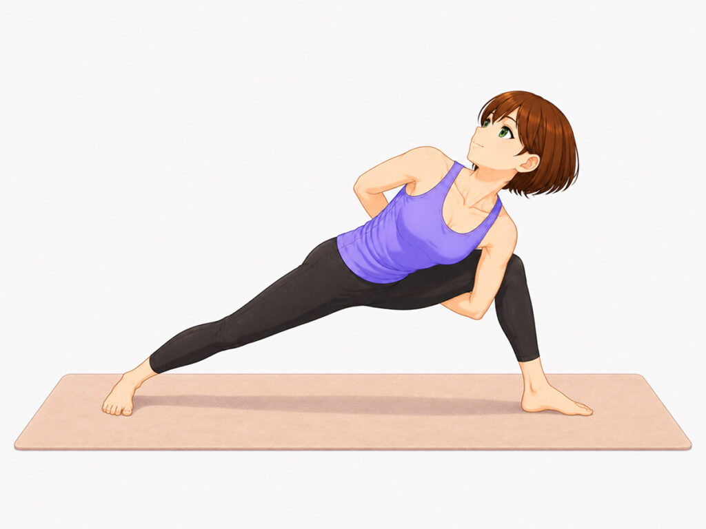 ヨガマットの上でツイストランジを行う女性のイラスト